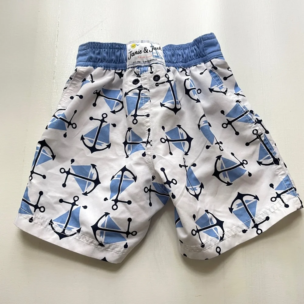 Janie and Jack Toddler Boys 12-18 Months Sailboat Anchor Swim Shorts White Blue